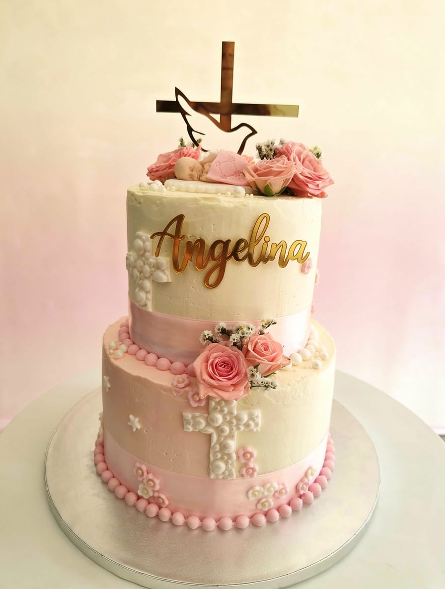 Gâteau baptême Angelina croix colombe roses — Audrey Aubry