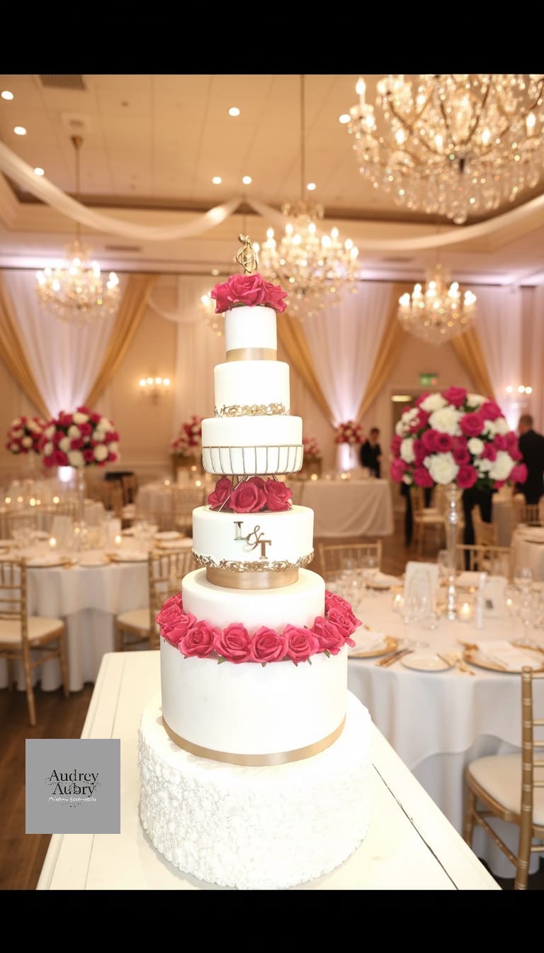Wedding cake monumental L&T roses fuchsia salle de réception — Audrey Aubry