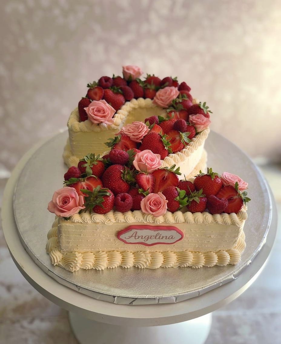 Number cake 2 ans Angelina fraises framboises roses — Audrey Aubry