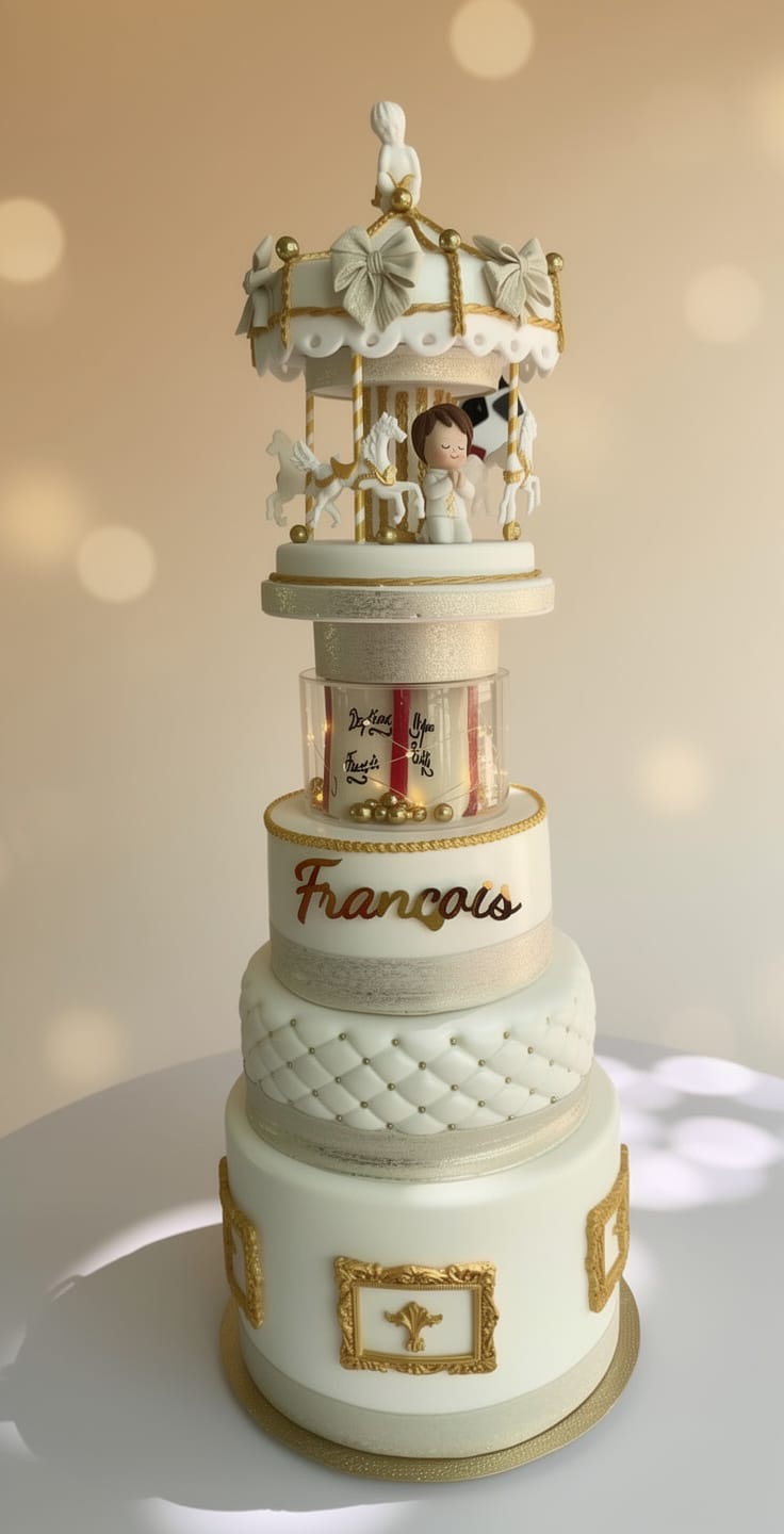 Gâteau baptême carrousel blanc et or François — Audrey Aubry Créations Gourmandes