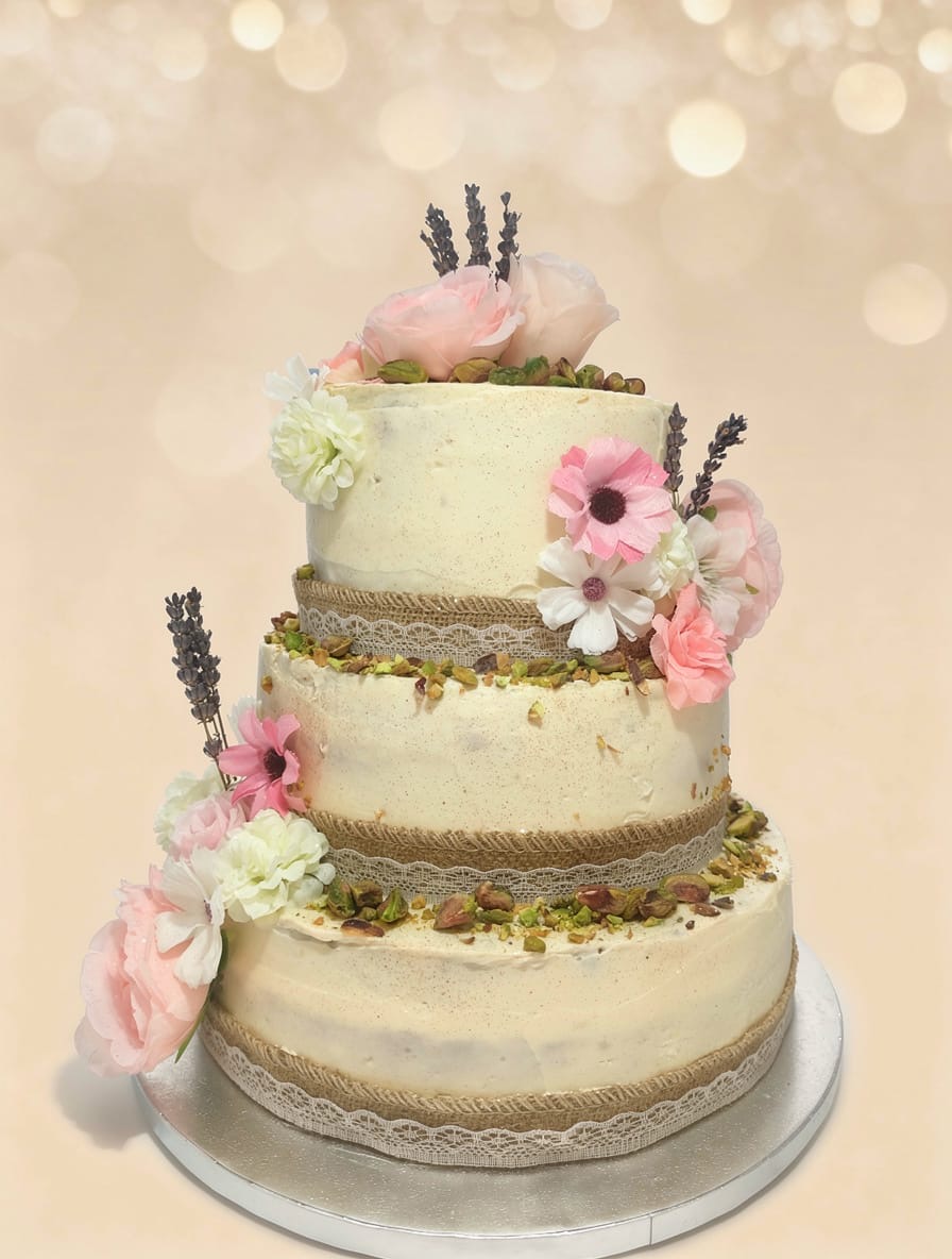 Naked cake mariage champêtre pistaches lavande fleurs — Audrey Aubry Créations Gourmandes