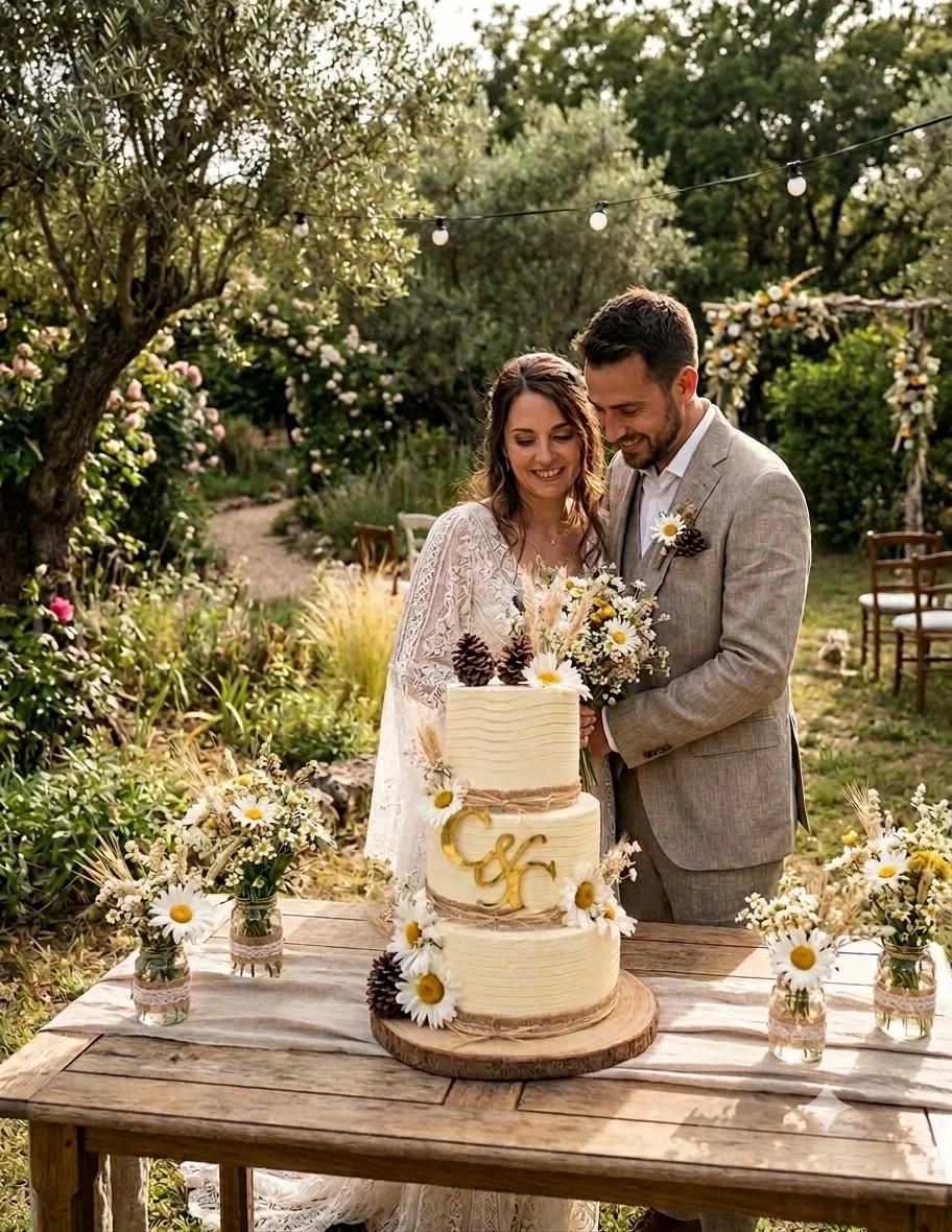 Jeunes mariés devant leur wedding cake fleuri en extérieur