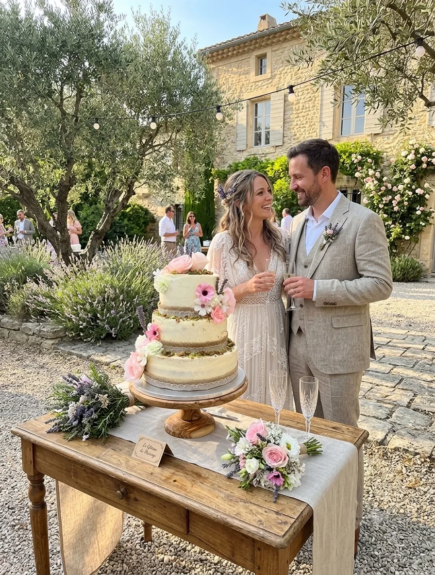 Wedding cake fleuri présenté dans un domaine provençal — Audrey Aubry