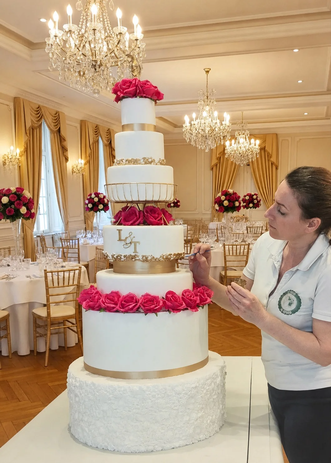 Pièce montée de mariage décorée de roses roses