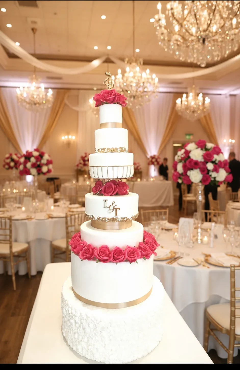 Grande pièce montée de mariage dans une salle de réception