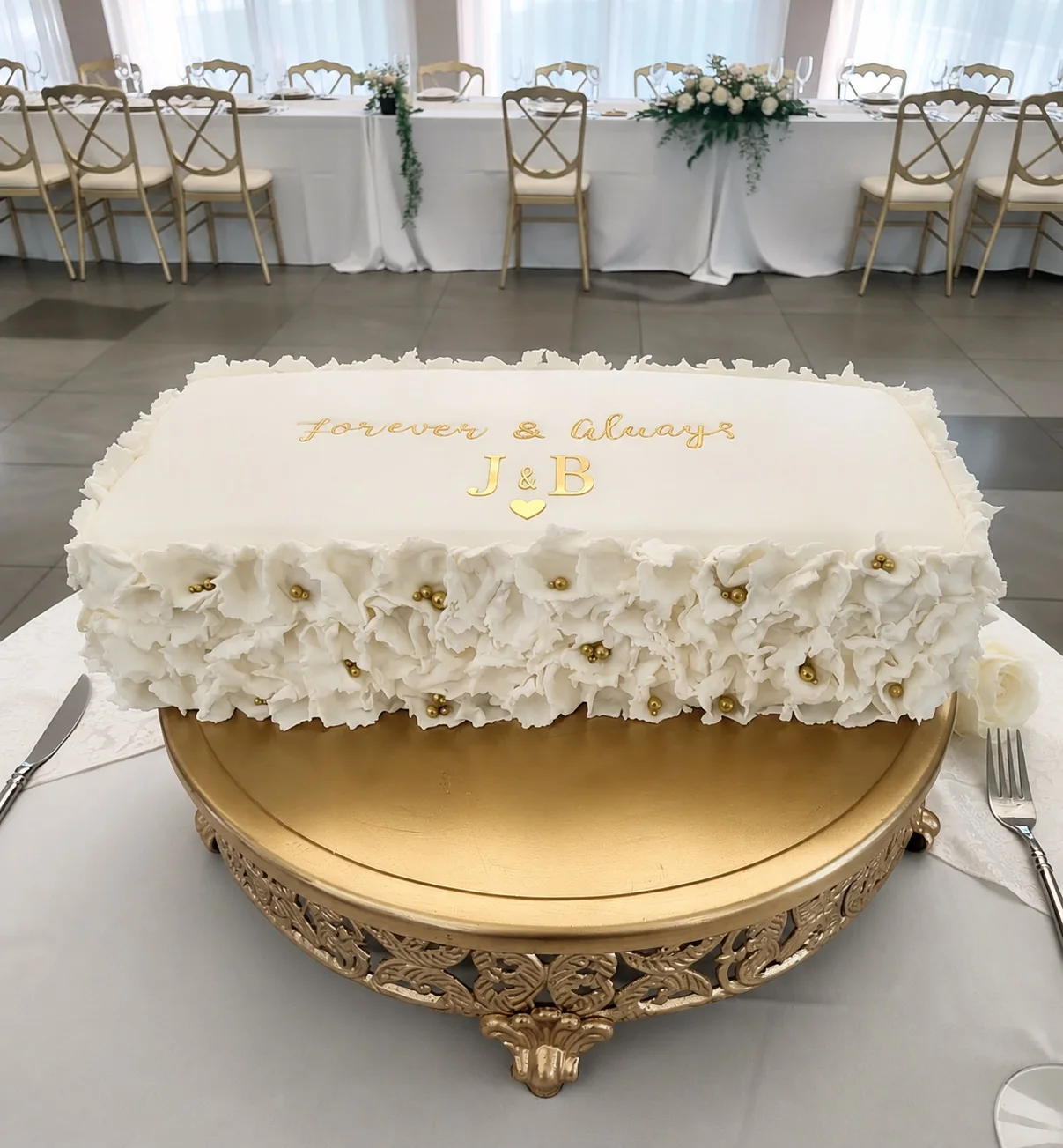 Gâteau de mariage blanc décoré de fleurs et personnalisé avec les initiales J et B