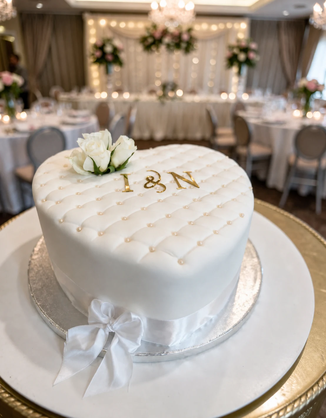 Gâteau de mariage blanc matelassé personnalisé avec les initiales J et N
