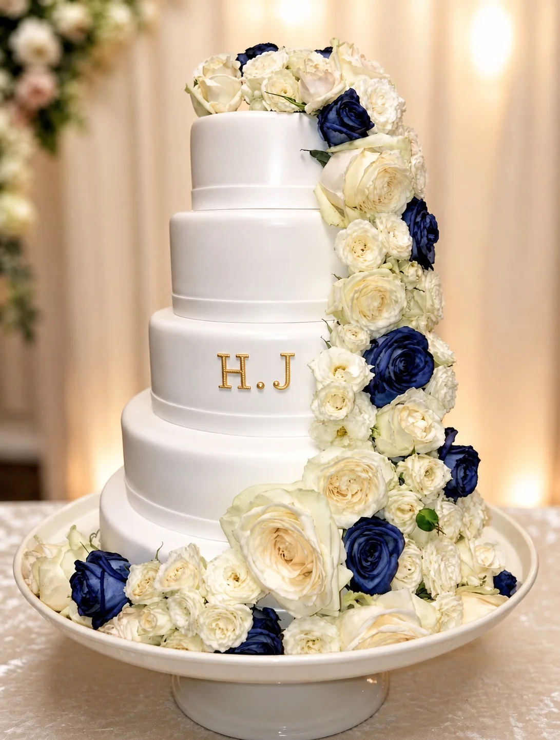Wedding cake blanc et bleu décoré de roses — Audrey Aubry